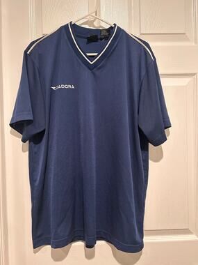 Diadora Soccer Jersey Blue White V-Neck Men's Large Vtg Aesthetic Short-Sleeve